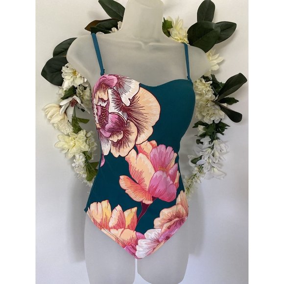 Women's 80s Retro Floral Swimsuit Strapless Convertible Straps Padded Strappy - Picture 4 of 11